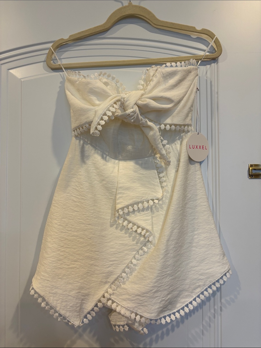 Luxxel Cream Juniors Knot-Front Pom-Pom Trim Romper